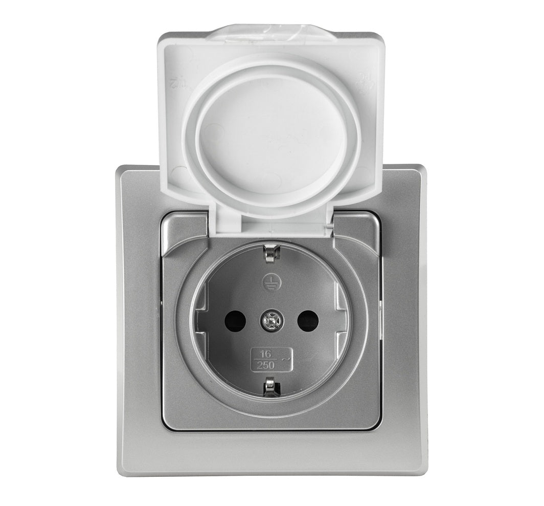 DELPHI Schutzkontakt-Steckdose IP44 250VAC 16A inkl. Rahmen UP silber