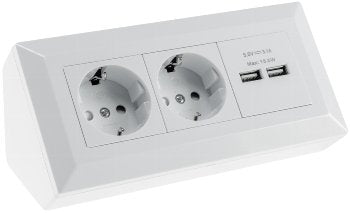 2-fach Steckdosenblock 250VAC 16A Aufbaumontage + 2x USB ges. 3,1A weiß